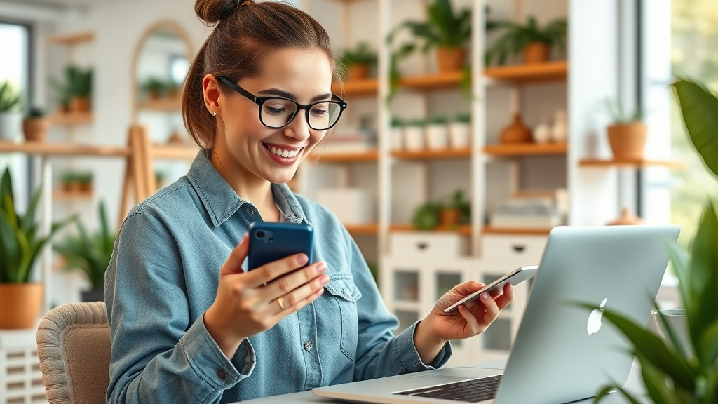 Local business owner consistently sharing social &amp; video marketing content across devices