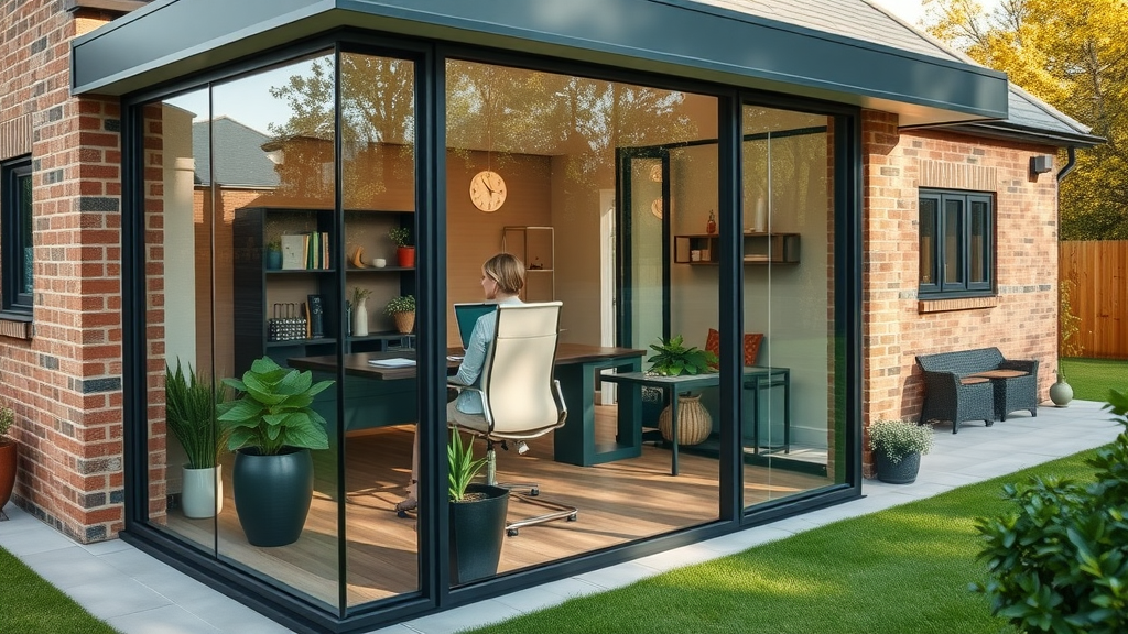 Photo of Chesterfield home extension study workspace with garden backdrop.