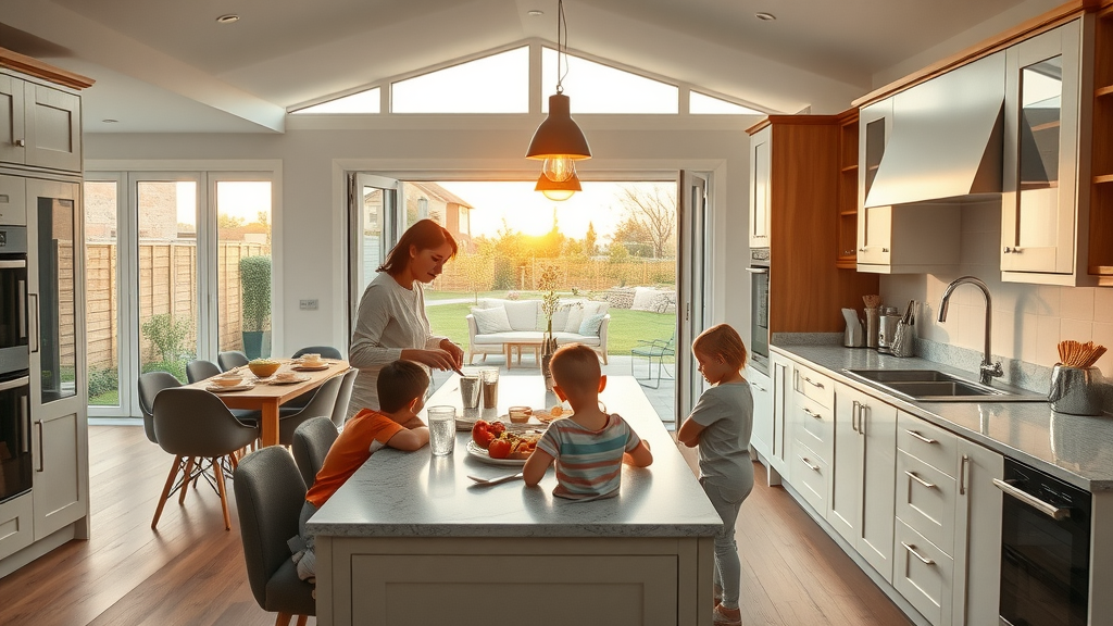 Spacious Chesterfield home extension kitchen with family and sunlit patio.