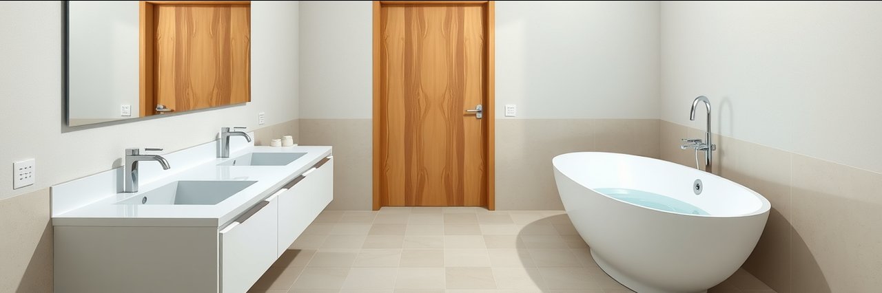 Modern bathroom addition with dual sinks and wooden door, home extensions construction.