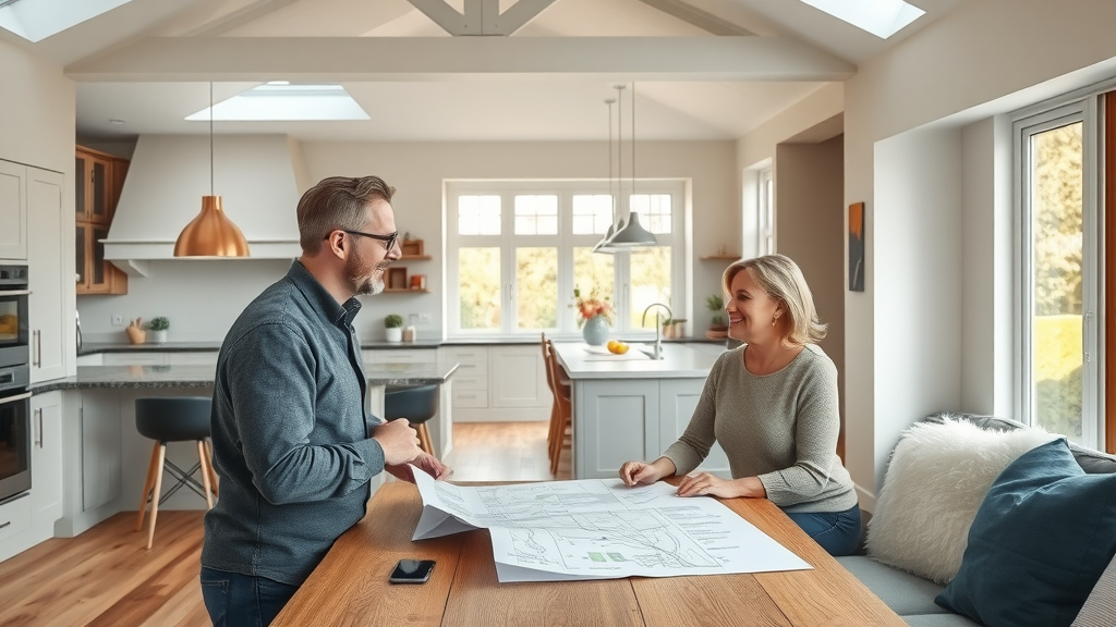 Builder and homeowner discussing high-quality modern home extension construction.