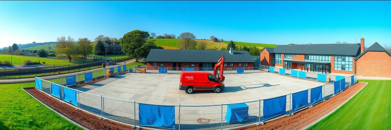 Nationwide construction services at a school courtyard with fenced site, vehicles, and rural background.