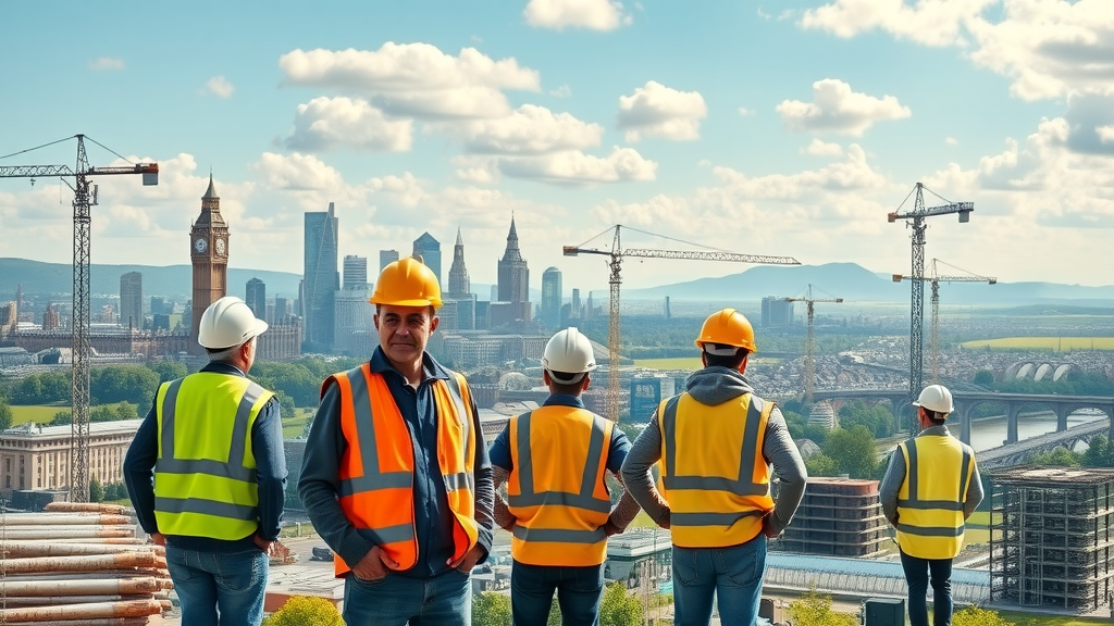 Modern nationwide construction sites across UK with diverse team and skyline.