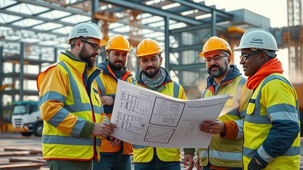Steelwork contractors discussing CAD plans on a construction site with steel structures.