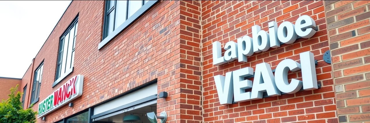 Brick building with large white business sign representing estate development projects.