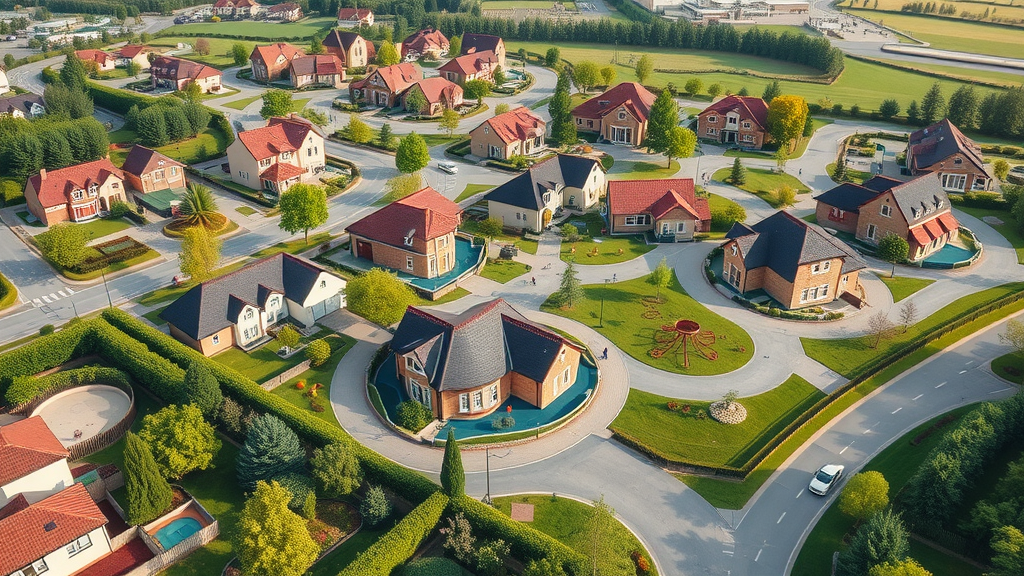 Aerial view of an estate development project featuring modern homes and landscape