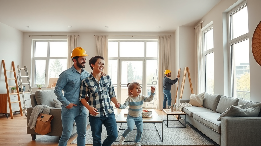 Modern home renovation Chesterfield with family and builders in open-plan space