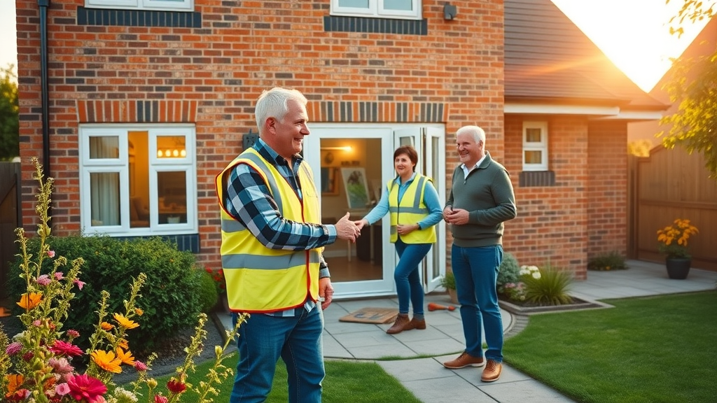 Chesterfield builders shaking hands with homeowners beside new brick extension