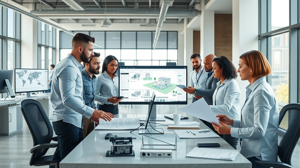 Diverse design management team collaborating over project plans in modern office