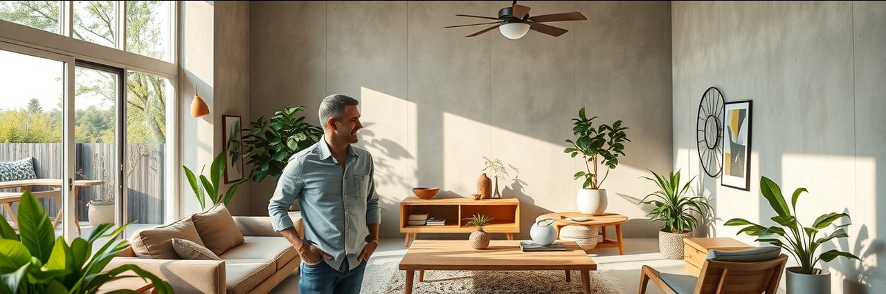 Modern living room with hempcrete retrofit solutions, eco walls, natural light.