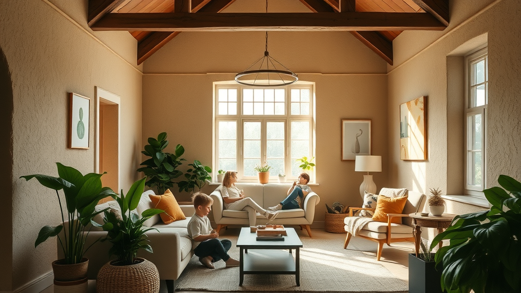 Family enjoying hempcrete retrofit living room in healthy eco-friendly home