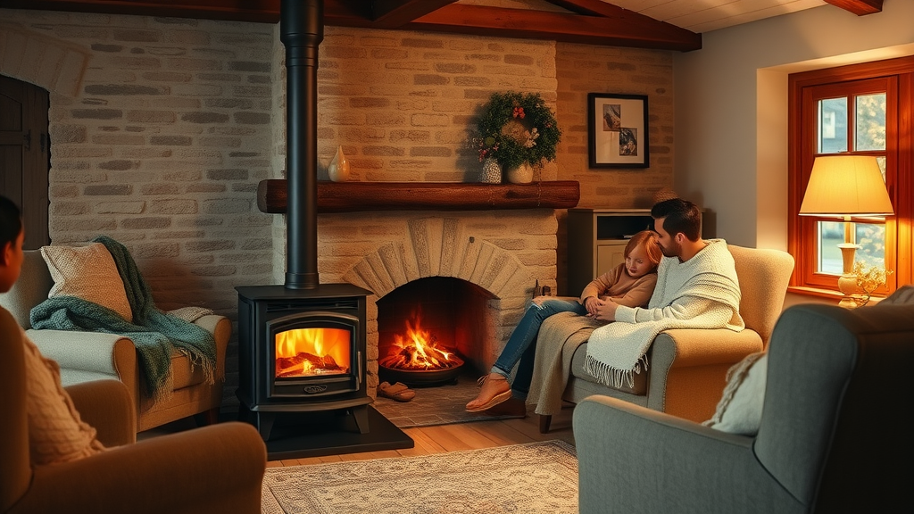 Modern multi fuel stove installation heating a cozy British living room
