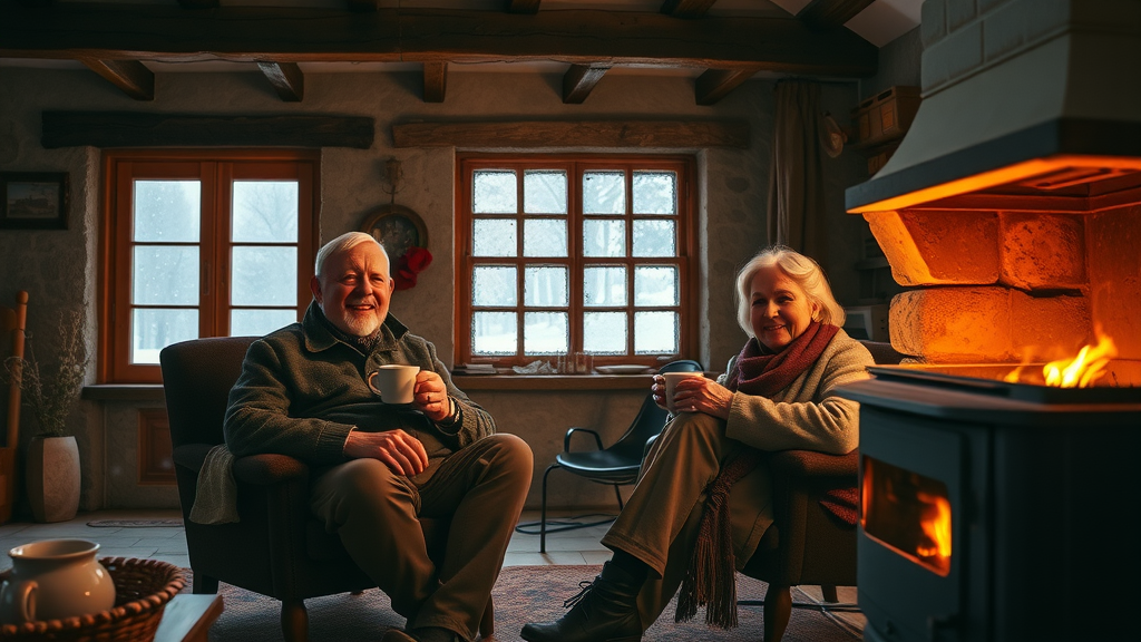 Multi fuel stove creating cozy ambiance in a winter cottage lounge