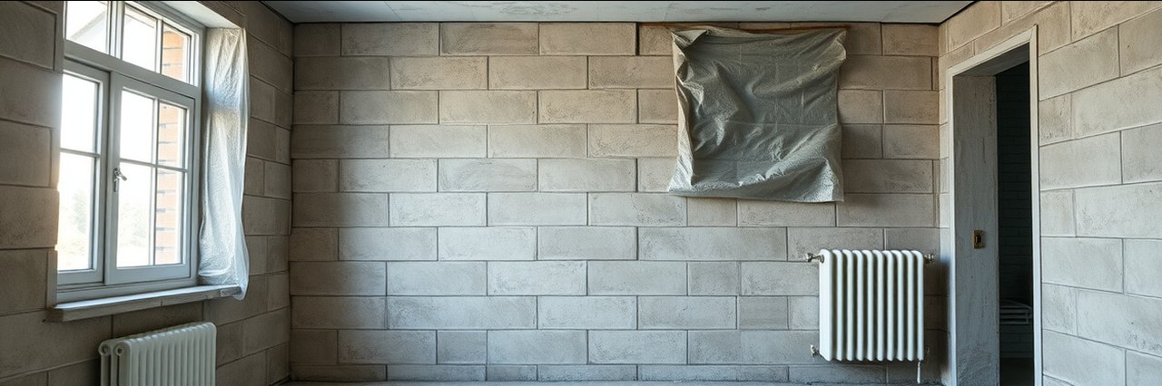 Room being treated for condensation mould control with dimpled membrane wall.