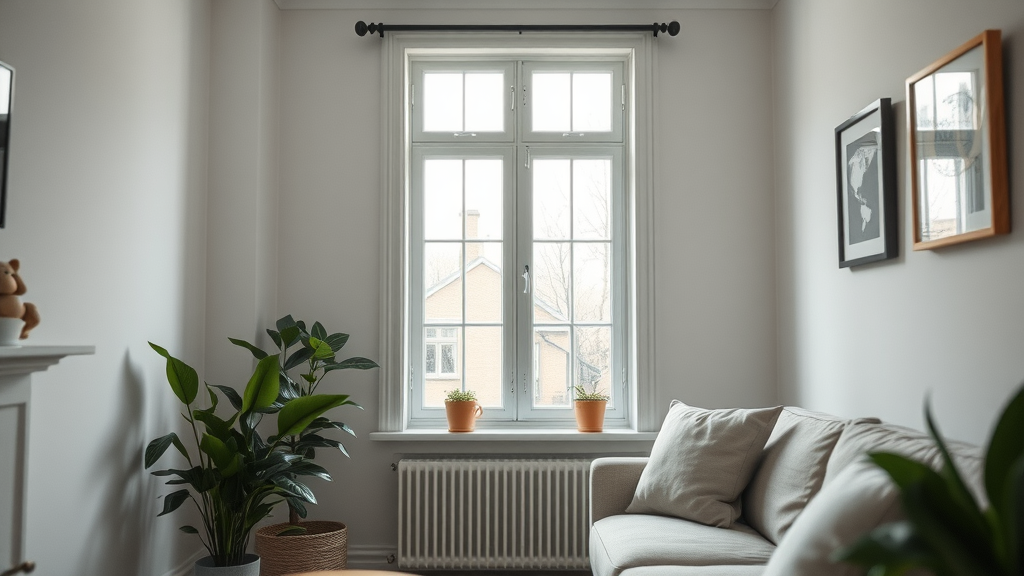 Modern living room condensation control, clean window, no mould, bright daylight.