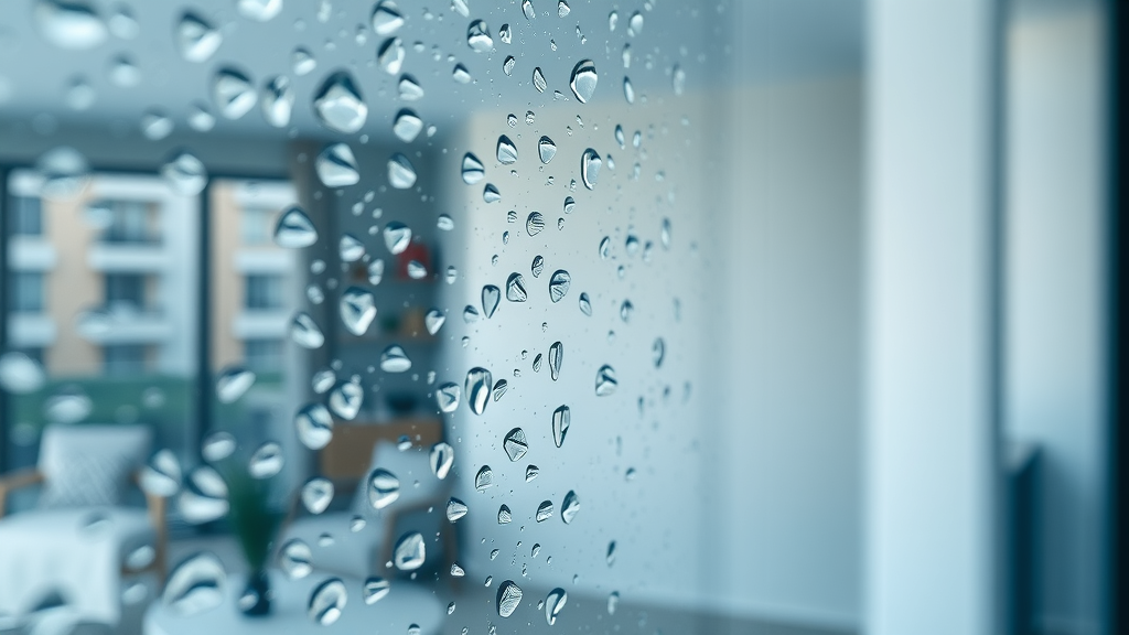 Closeup of condensation on window, fresh wall, condensation mould control concept.