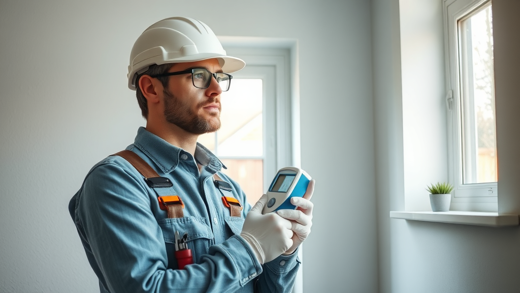 Condensation mould control expert checks dry wall around window, safe home.