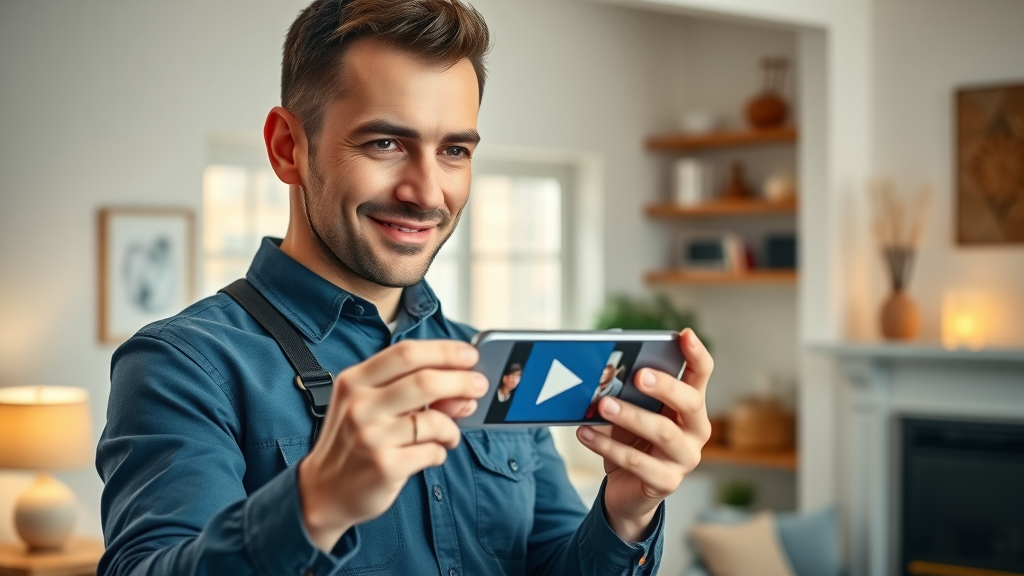 local home service technician showing short video content on smartphone for marketing with video shorts