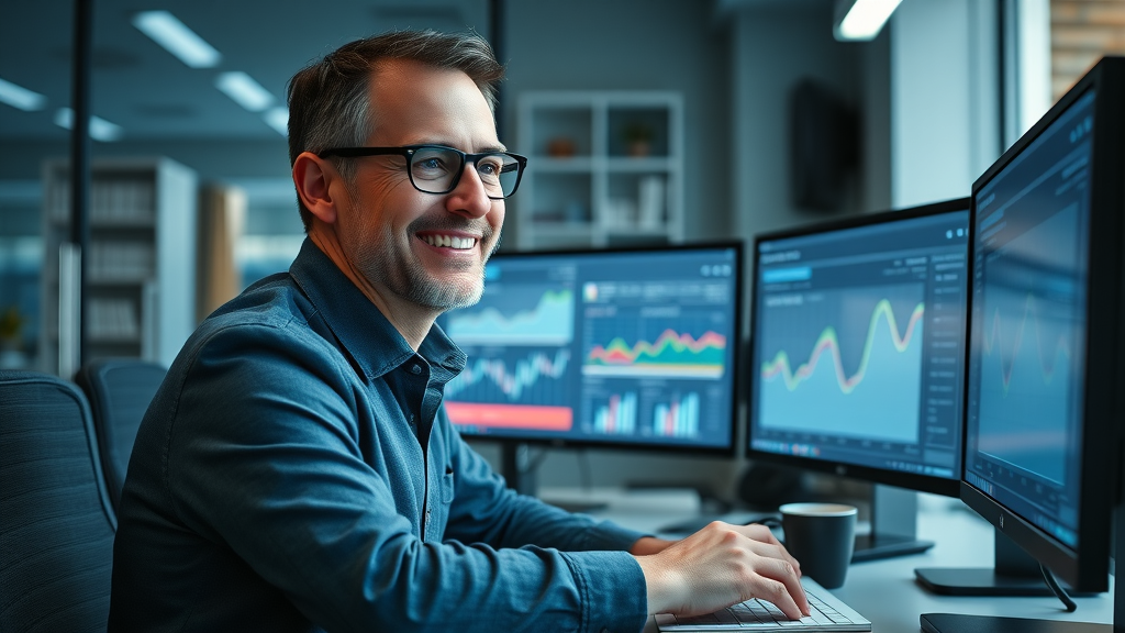 business owner analyzing youtube shorts video marketing data on dual monitors