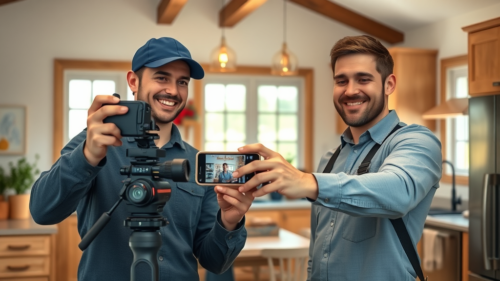 Video Shorts Marketing for Home Services – a plumber and HVAC technician filming a short, engaging video with a smartphone in a cozy kitchen, showcasing tools and energy