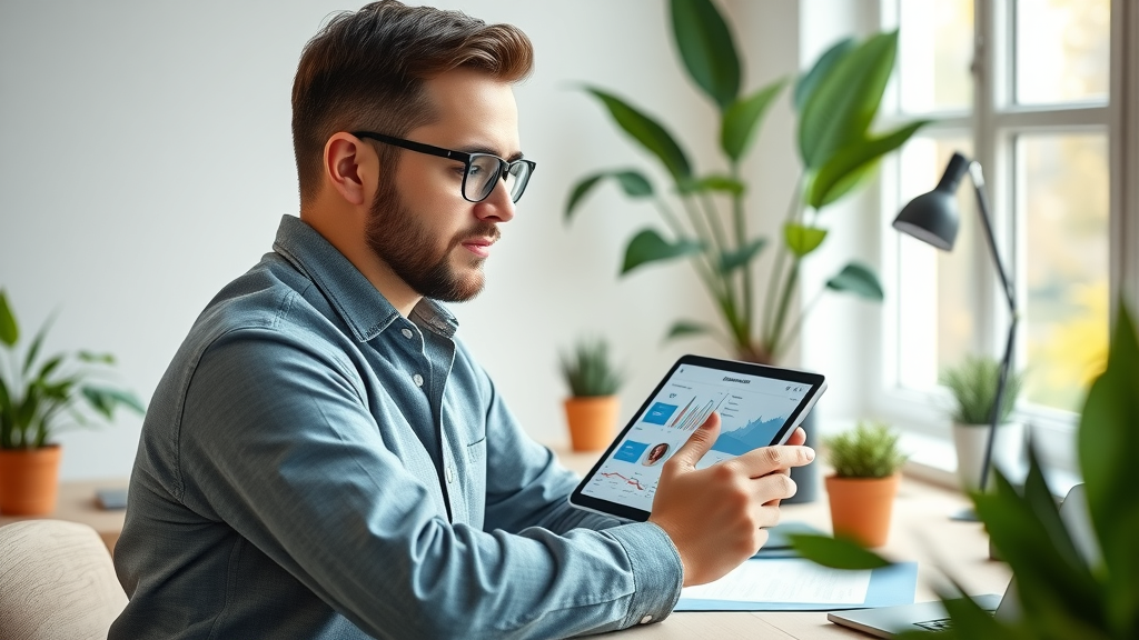 Home Services Digital Marketing with Video Shorts – business owner reviewing short video analytics and thumbnails on a tablet, bright office with plants