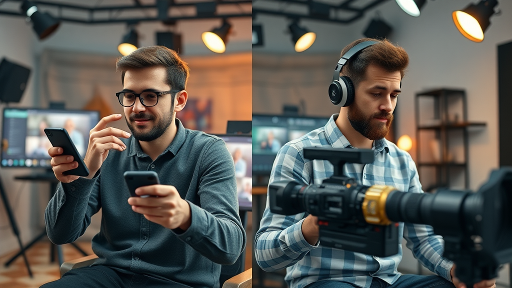 Short-form Video vs Traditional Video Content – content creators working with smartphone and full video setup in creative studio, showcasing video marketing for social media