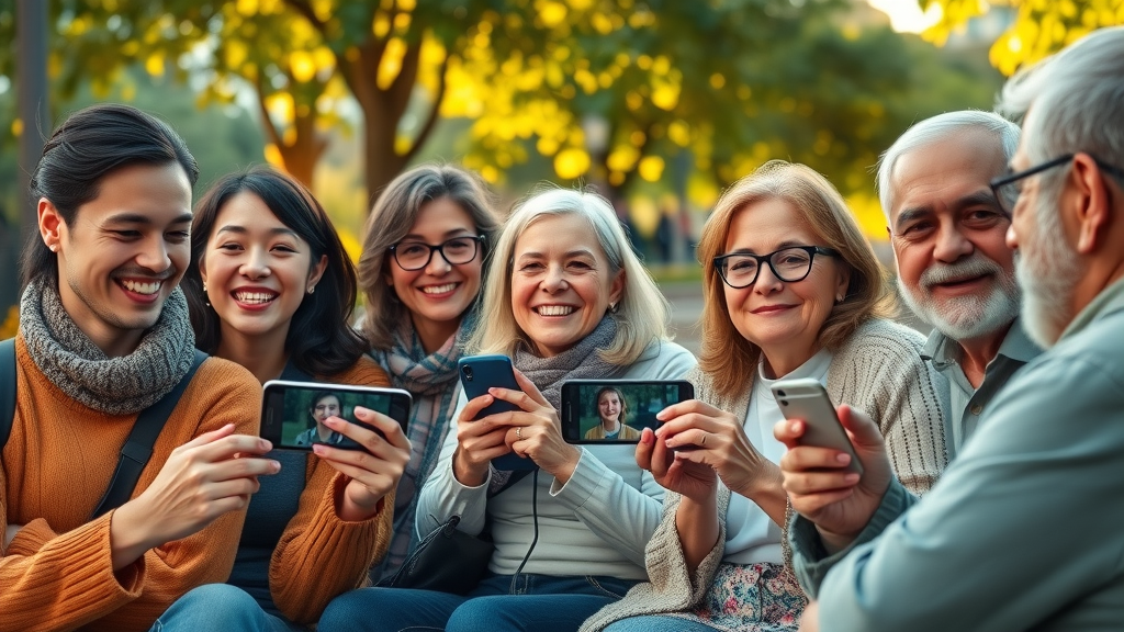 Diverse Local Audience – young families and seniors watching short-form video content on smartphones in the park, highlighting local impact of video shorts marketing