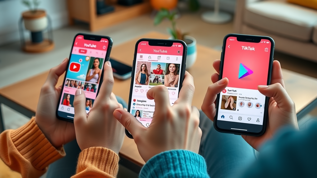 YouTube Shorts, Instagram Reels, TikTok Platforms – hands scrolling through vibrant short video interfaces on mobile phones, perfect for home service video marketing