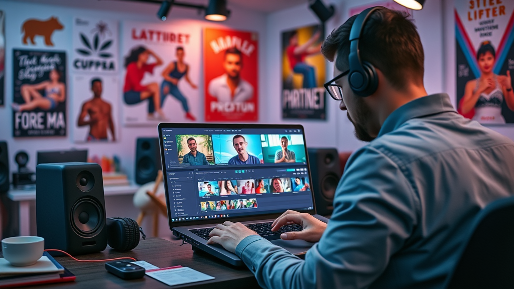 Editing for Attention Span – a creative workspace with short-form video clips and effects on a laptop, perfect for video shorts marketing in home services