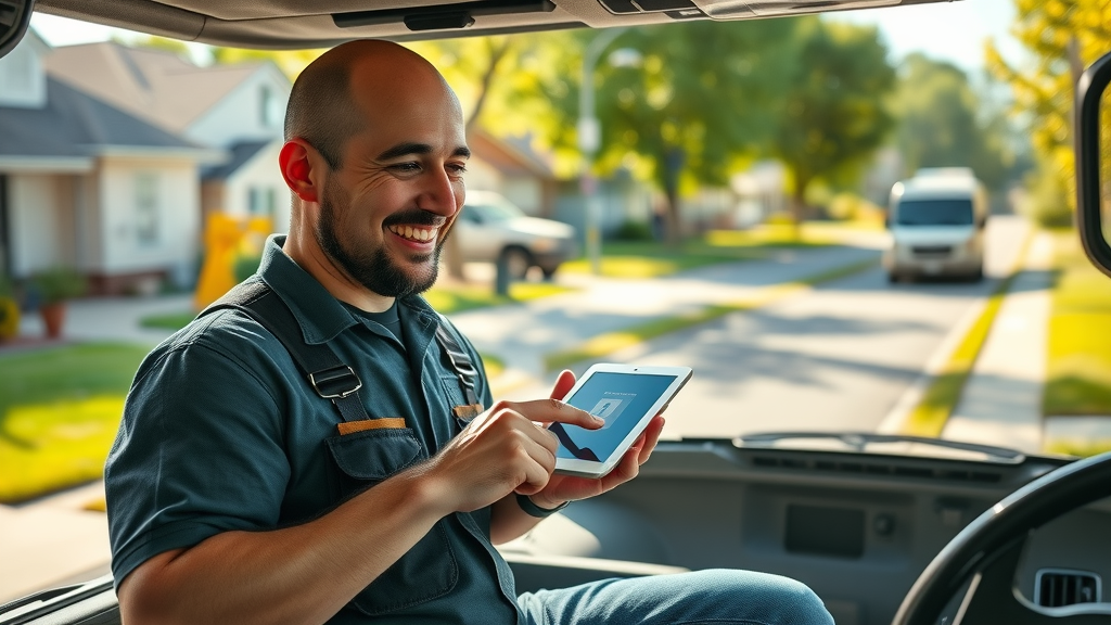 Video Shorts Marketing Distribution – a home service professional, like a landscaper, enthusiastically sharing a video short from a tablet in a bright suburban neighborhood