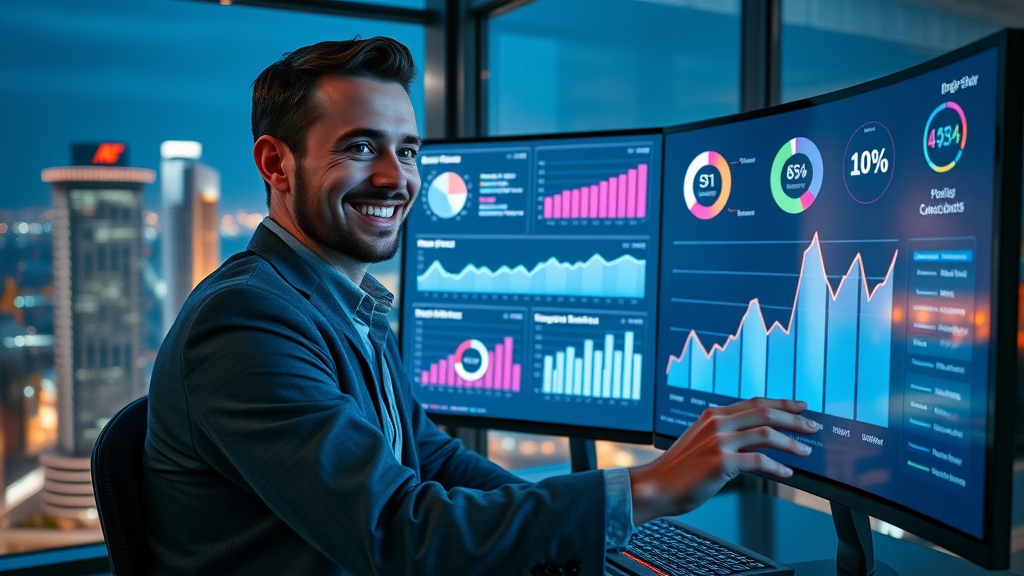 Analytics for Video Shorts Marketing – marketing manager reviewing short video KPIs, engagement charts, and positive results in a high-tech home services office