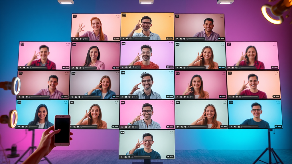 Best Practices and Trends in Video Shorts Marketing – collage of vibrant short-form video screens with creators, trendy effects, and floating social media icons, home services marketing