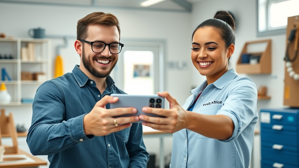 Eye-catching local home service team recording social media video, demonstrating social media video strategies in a bright professional workspace