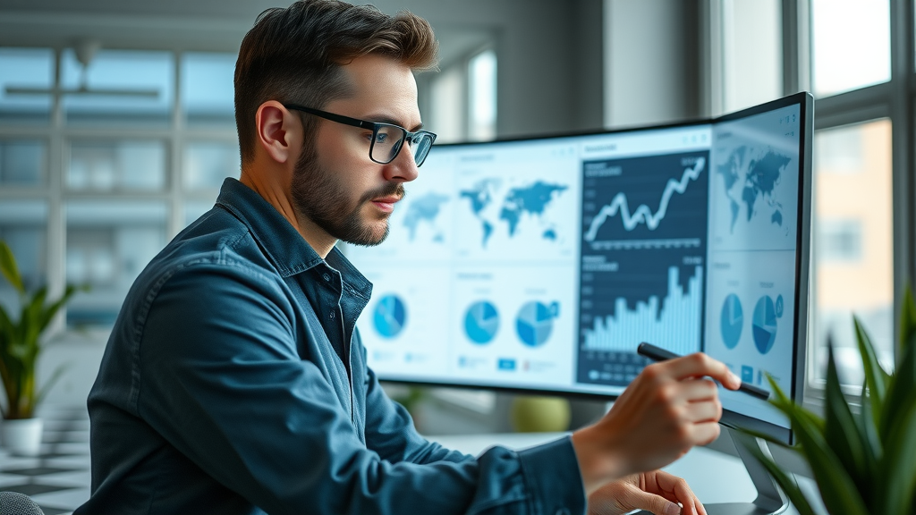 Digital marketer reviewing analytics for social media video strategies in a modern office