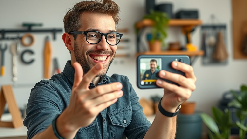 Small business owner recording short form video for social media video marketing