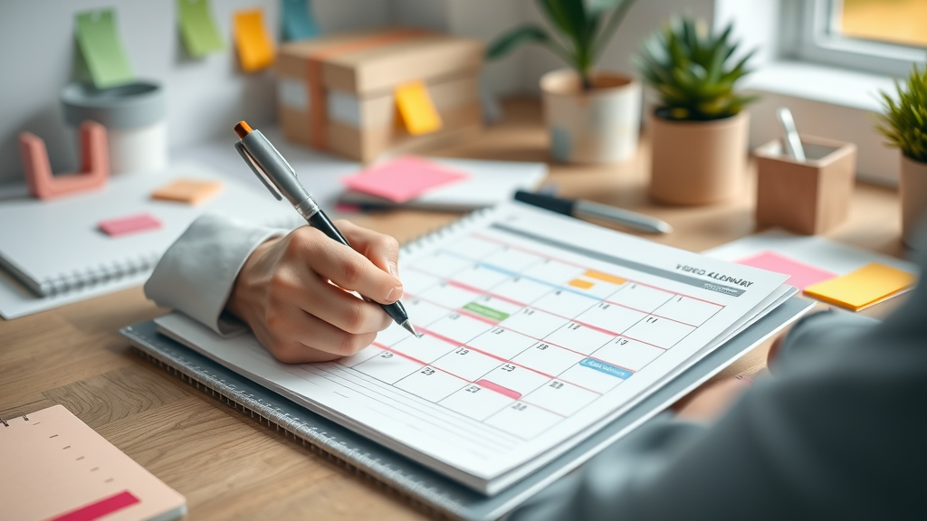 Marketer organizing video marketing calendar for social media campaigns