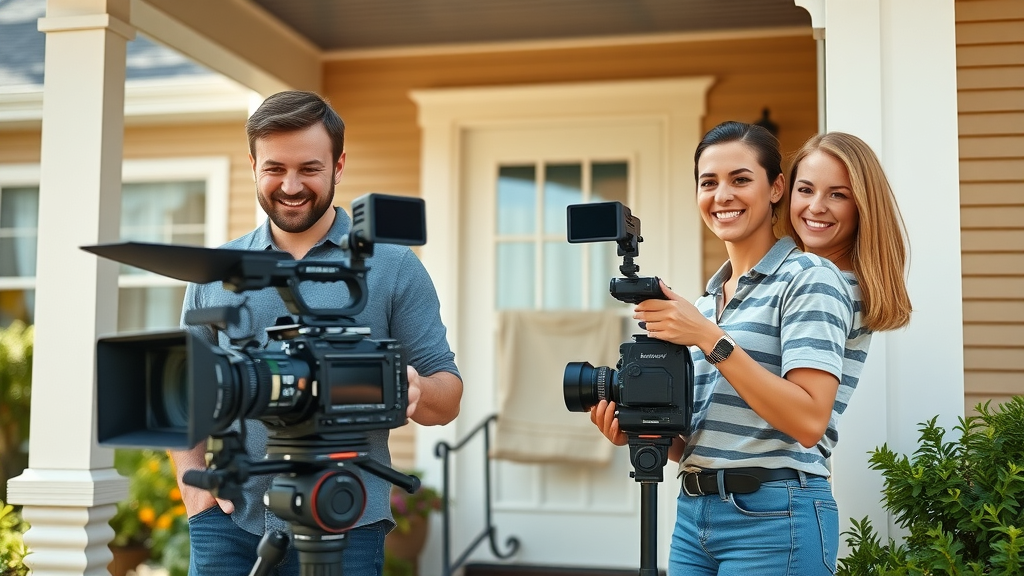 Local home services professionals preparing video shoot for marketing, suburban sunny setting, authentic interactions, branding props. Engaging video content sample.