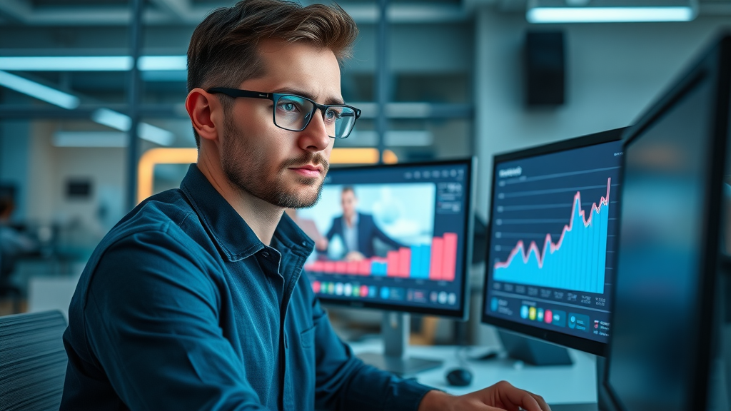 Digital marketer analyzing video engagement data, video content performance analytics, contemporary office, detailed screens and video gear. Engaging video content analysis.