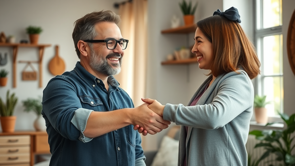 Local business owner and customer shaking hands after service, warm genuine home environment, branding tools visible. Video marketing trust moment.