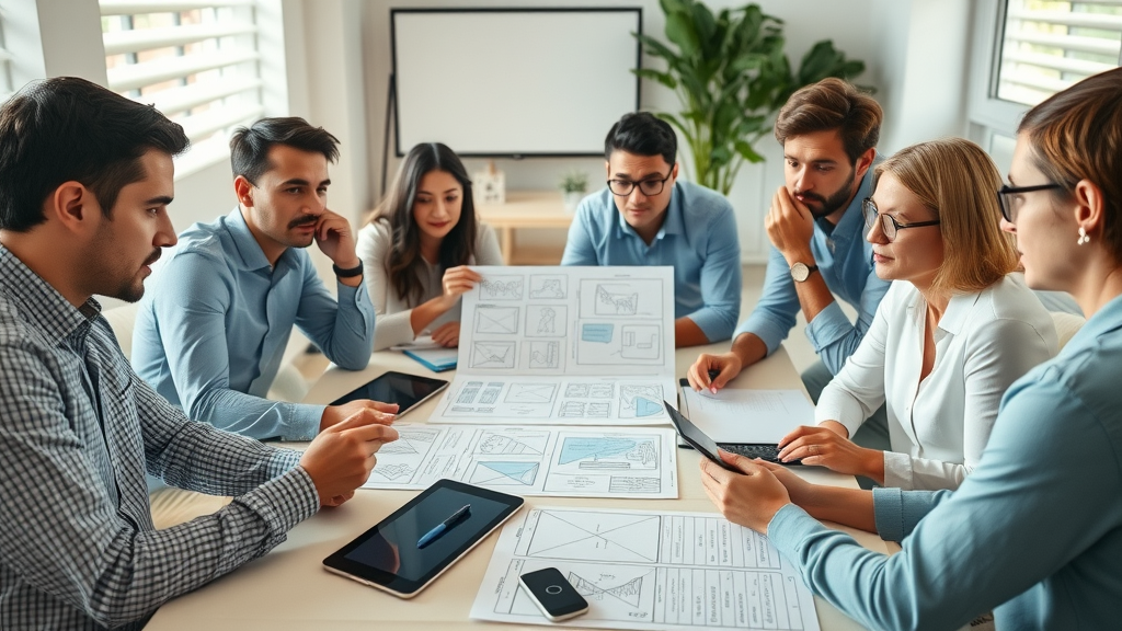 Marketing team develops video marketing strategy, storyboarding video content, diverse collaboration, modern creative office.