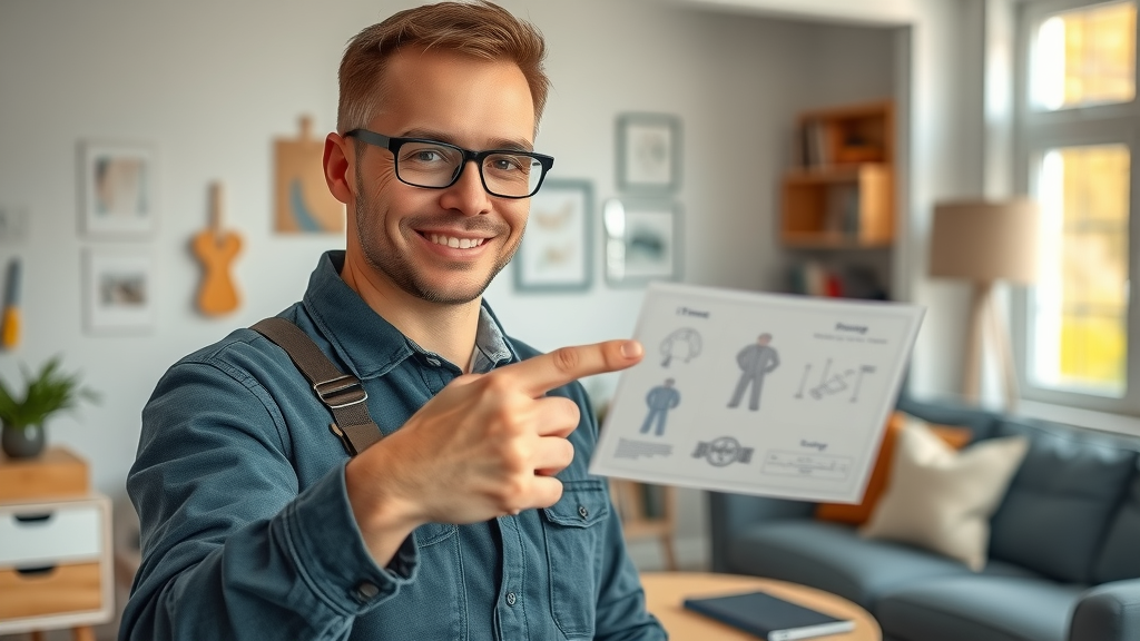 Home services technician filming instructional explainer video for home repairs, engaging setup, modern living room, clear step demonstration.