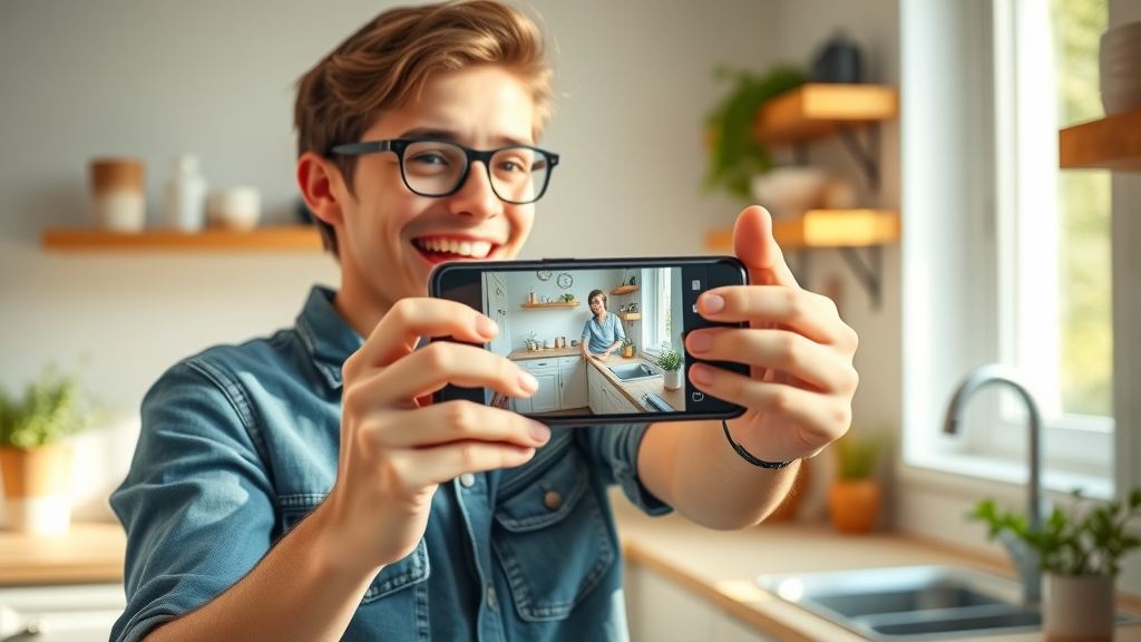 Happy homeowner creating DIY short-form video content, sunlight-filled kitchen, fun animated motion and smartphone filming for Instagram Reels or TikTok.