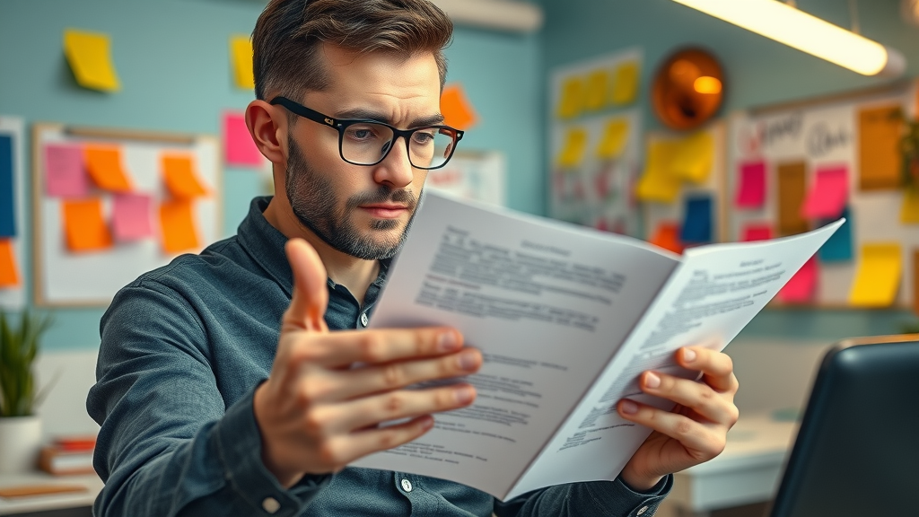 Creative scriptwriter planning engaging video script, colorful studio, handwritten notes and vibrant post-its, prepping for home services video content.