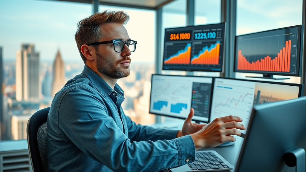 Social media strategist managing video marketing analytics, multiple device dashboards, modern workspace, evaluating best media platform for home service video content.