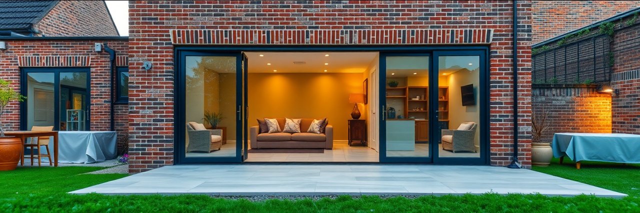 Modern brick extension with glass doors for planning permission management.