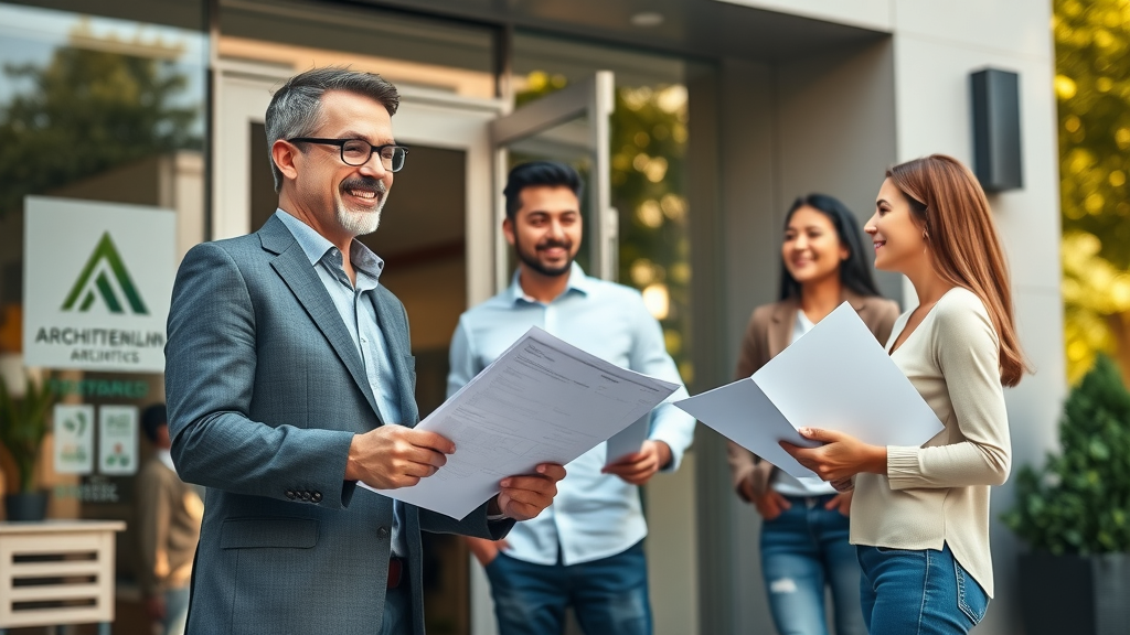 Planning permission management expert greeting clients at architectural office