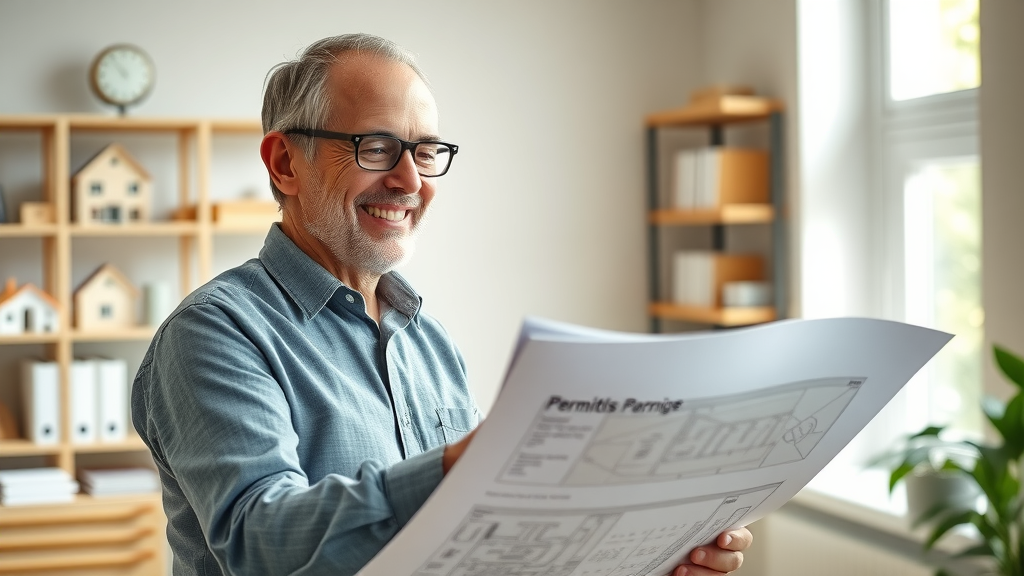 Architect reviewing planning permission management paperwork at home workspace