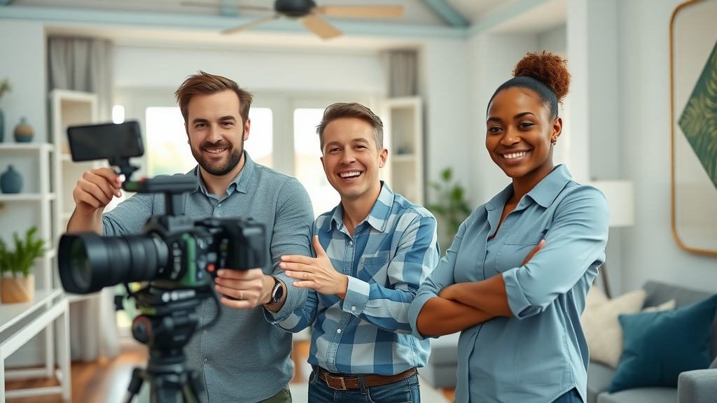 Home services team filming promotional video for video marketing trends 2025, friendly expressions, modern living room setup, HD realism.