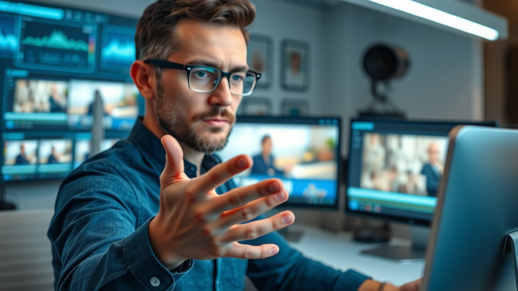 AI video editing tools for home services video marketing trends 2025, marketer working in digital workspace.