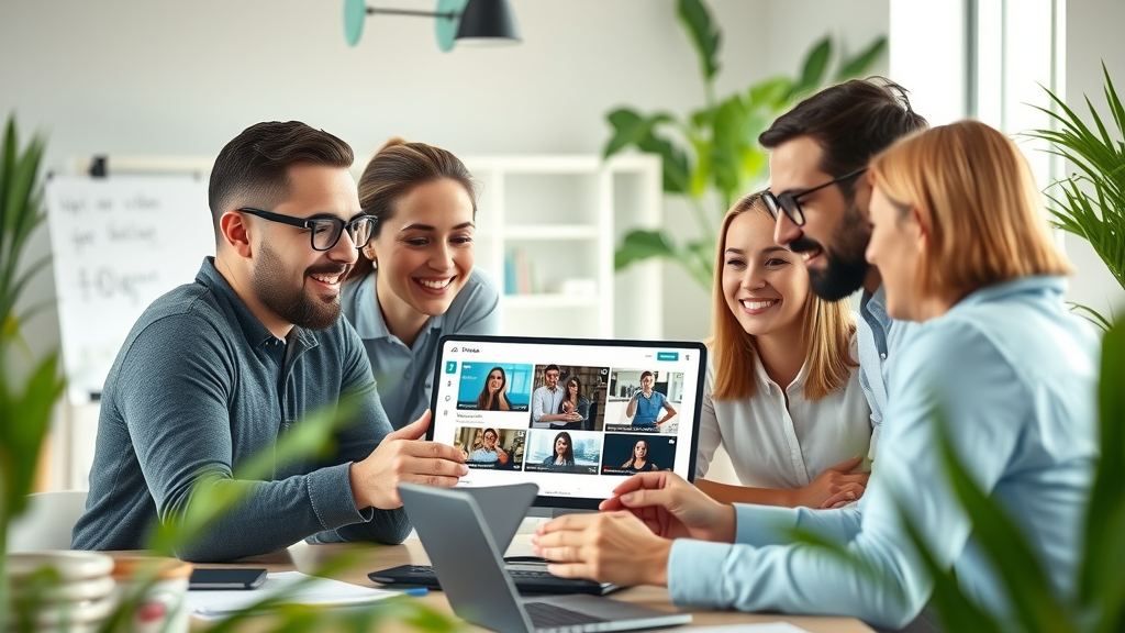 Digital marketing team developing a video marketing strategy for 2025, laptops, video thumbnails, and whiteboard in sunlit office.